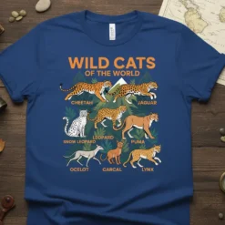 T-shirt design featuring "Wild Cats of the World" text and illustrations of various wild cat species including cheetah, jaguar, snow