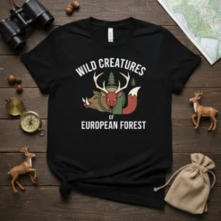 T-shirt with "WILD CREATURES OF EUROPEAN FOREST" text and graphics of deer, boar, and fox