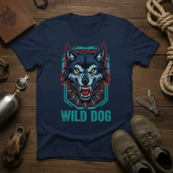 Wild Dog t-shirt design featuring a fierce wolf head graphic with sharp teeth and collar, bold text below