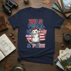 WILD FERAL & FREE text with an opossum holding an American flag on a navy blue t-shirt, patriotic design