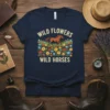 Wild Flowers Wild Horses t-shirt design with a running horse amidst colorful wildflowers