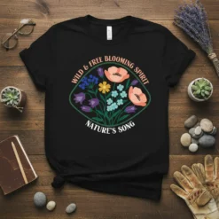 Black t-shirt with "WILD & FREE BLOOMING SPIRIT NATURE'S SONG" text and colorful floral illustration inside a green oval frame