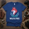 Wild & Free t-shirt design featuring a red fox head surrounded by celestial leaves and stars