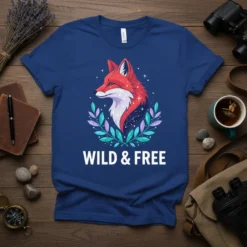 Wild & Free t-shirt design featuring a red fox head surrounded by celestial leaves and stars