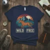 Navy t-shirt with vintage WILD FREE horse and mountain sunset design