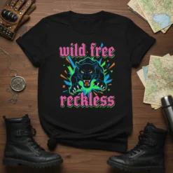 Wild Free Reckless t-shirt design featuring a black panther with neon pink text