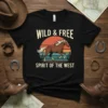 Wild & Free Spirit of the West t-shirt featuring a running horse against a sunset and cactus graphic