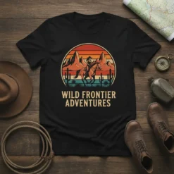 Wild Frontier Adventures t-shirt with a vintage cowboy on horseback in a desert landscape at sunset