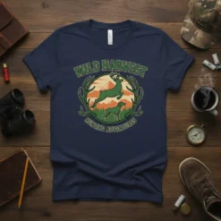 Wild Harvest Hunting Adventures t-shirt featuring a jumping deer and hunting dog graphic with antlers and mountains
