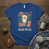 Wild Heart Gypsy Soul t-shirt with a boho skull, pink flowers, green cacti, and a red bow