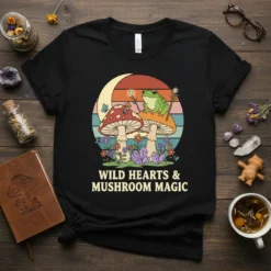 Wild Hearts & Mushroom Magic t-shirt design with a green frog on a mushroom, moon, and colorful stripes