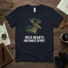 Wild Hearts Untamed Spirit t-shirt with geometric deer, mountains, and forest graphic