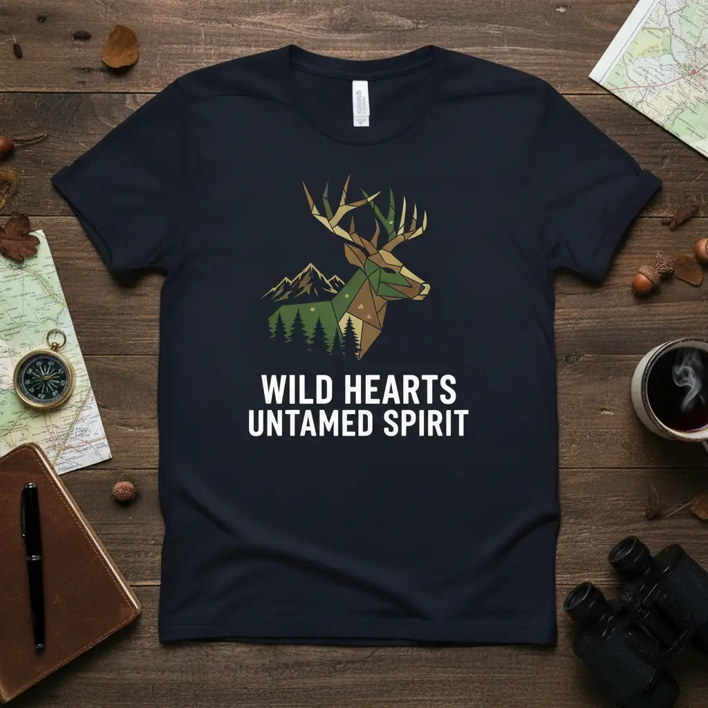 Geometric deer with mountains and forest graphic for the WILD HEARTS UNTAMED SPIRIT quote on a t-shirt