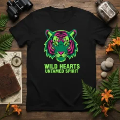 Black t-shirt with "Wild Hearts Untamed Spirit" text and a neon green and pink tiger graphic