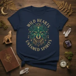 Wild Hearts Untamed Spirits quote with a green and gold wolf illustration on a navy t-shirt, evoking nature and freedom