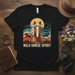 Wild Horse Spirit text with a majestic horse head graphic, mountains, and sunset on a black t-shirt