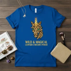 Wild & Magical Leopard Unicorn Power text with a leopard print unicorn head graphic on a blue t-shirt