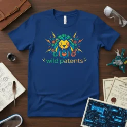 Blue t-shirt with a colorful geometric lion head design and the text "wild patents" below, symbolizing innovation