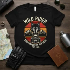Vintage Wild Rider Brotherhood of the Road T-Shirt with a wolf on a motorcycle graphic, sunset background, and EST. 1969