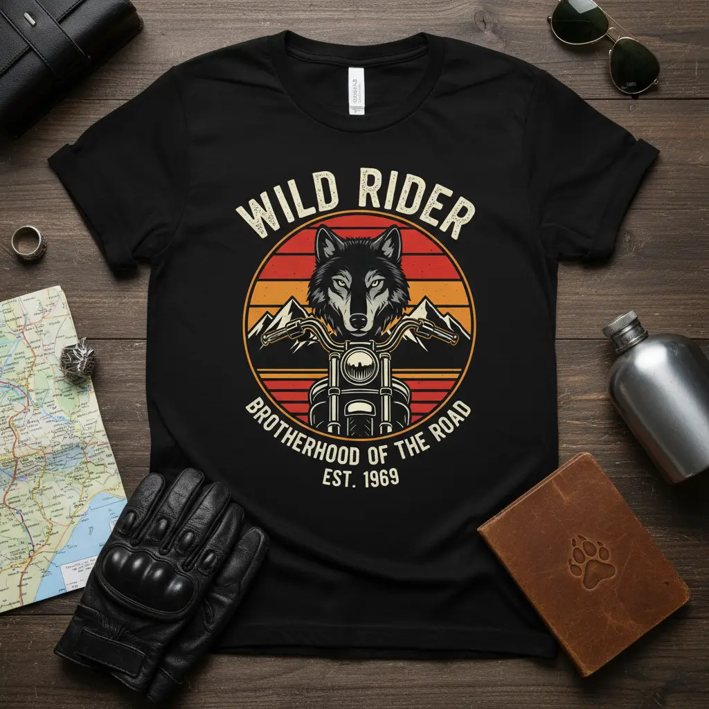 Wild Rider Brotherhood of the Road T-Shirt Wolf Biker Graphic