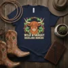 Wild & Shaggy Highland Honcho t-shirt design featuring a highland cow with cactus and flowers