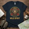 Graphic t-shirt featuring the text "WILD SPIRIT" below a colorful, stylized bear face with roses and a mandala design