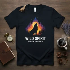 Black t-shirt with "WILD SPIRIT FOLLOW YOUR PATH" text and a silhouette of a wolf howling at the moon under