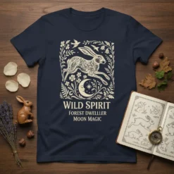 Navy t-shirt featuring the text "WILD SPIRIT FOREST DWELLER MOON MAGIC" with a running hare, moon, and floral border