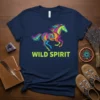 Colorful graphic horse with "WILD SPIRIT" text, bohemian style t-shirt design