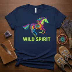 Colorful graphic horse with "WILD SPIRIT" text, bohemian style t-shirt design