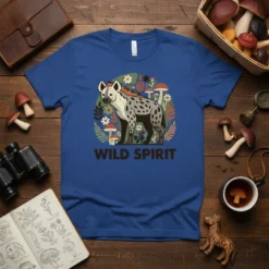 Wild Spirit Hyena T-Shirt with floral and mushroom border, featuring a stylized hyena illustration