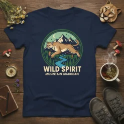 T-shirt design featuring "WILD SPIRIT MOUNTAIN GUARDIAN" text with a mountain lion graphic in a circular emblem
