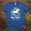Blue t-shirt with "Wild Spirit Run Free" text and a white horse running through water, mountains, and sun graphic
