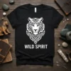 Black t-shirt with white WILD SPIRIT text and a stylized white tiger face graphic