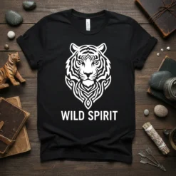 Black t-shirt with white WILD SPIRIT text and a stylized white tiger face graphic