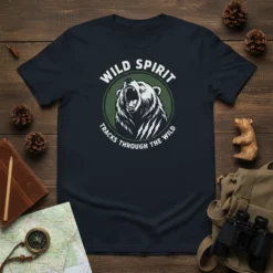 Wild Spirit Tracks Through the Wild t-shirt design featuring a roaring bear in a circle with claw marks