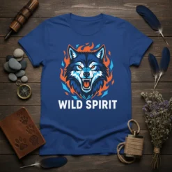 WILD SPIRIT text above a fierce wolf graphic with orange and blue flames on a navy blue t-shirt