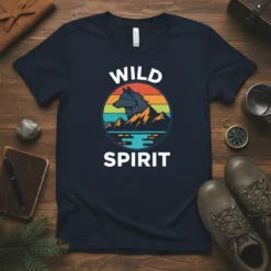 Wild Spirit t-shirt with a wolf silhouette in a retro sunset circle and mountain landscape