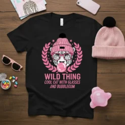 Cheetah wearing pink beanie and glasses blowing bubblegum, text WILD THING COOL CAT WITH GLASSES AND BUBBLEGUM