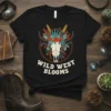 Wild West Blooms t-shirt design featuring a boho skull adorned with desert flowers, cacti, and wheat stalks
