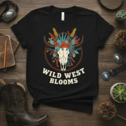 Wild West Blooms t-shirt design featuring a boho skull adorned with desert flowers, cacti, and wheat stalks