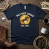 Wild West Legend Est. 1870 t-shirt design featuring a brown horse silhouette within a sunburst circle and vintage text