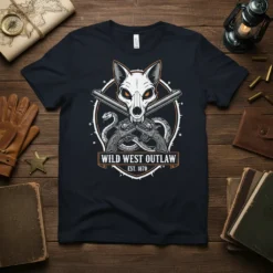 Wild West Outlaw Est 1870 t-shirt featuring a wolf skull, crossed revolvers, and a snake graphic