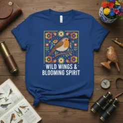 T-shirt featuring the phrase "WILD WINGS & BLOOMING SPIRIT" with a robin on a branch surrounded by folk-style flowers