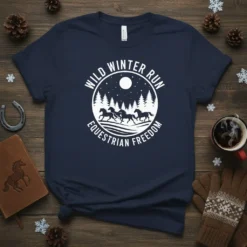 Wild Winter Run Equestrian Freedom t-shirt design with horses running through a snowy forest under a full moon
