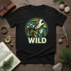 Black t-shirt with a geometric WILD wolf graphic, mountains, trees, and stars. Primary keyword: WILD wolf graphic t-shirt