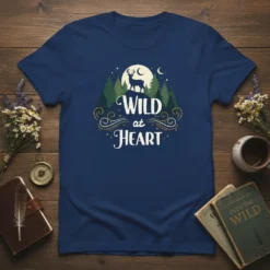 Wild at Heart t-shirt design with a deer silhouette on a mountain under a moonlit sky and pine trees