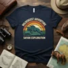 Wildebeest Adventure Safari Exploration text design with a running wildebeest graphic and vintage sunset background on a navy t-shirt