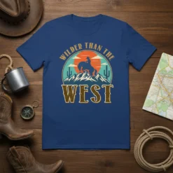 Wilder Than The West cowboy riding a horse silhouette graphic tee with mountains and sunset