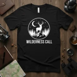 Wilderness Call t-shirt design with a deer on a mountain under a moon and stars